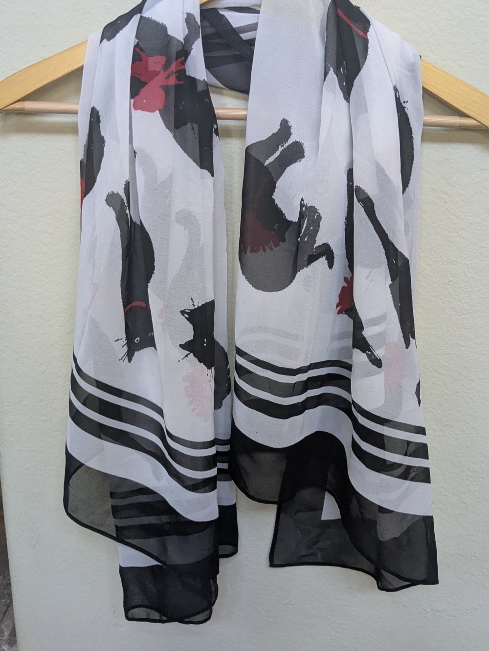 Jason Wu White Scarf with Black and Red Cat Print